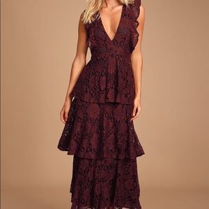 Molinetto Burgundy Lace Ruffled Tiered Sleeveless Maxi Dress